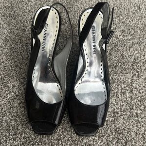 Chocolate brown paten open toe heels. Gianni Bini.